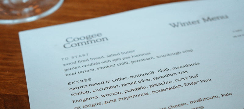 The menu at Coogee Common
